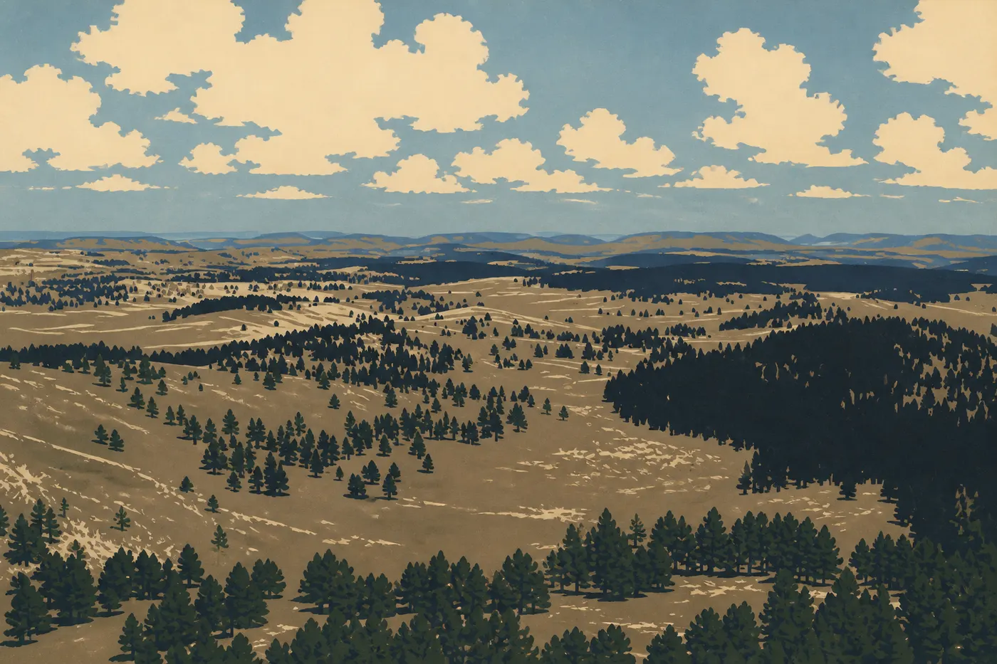 Illustration sérigraphiée : Panorama depuis Rankin Ridge sur la mosaïque de prairie mixte et de forêt des Black Hills méridionales.