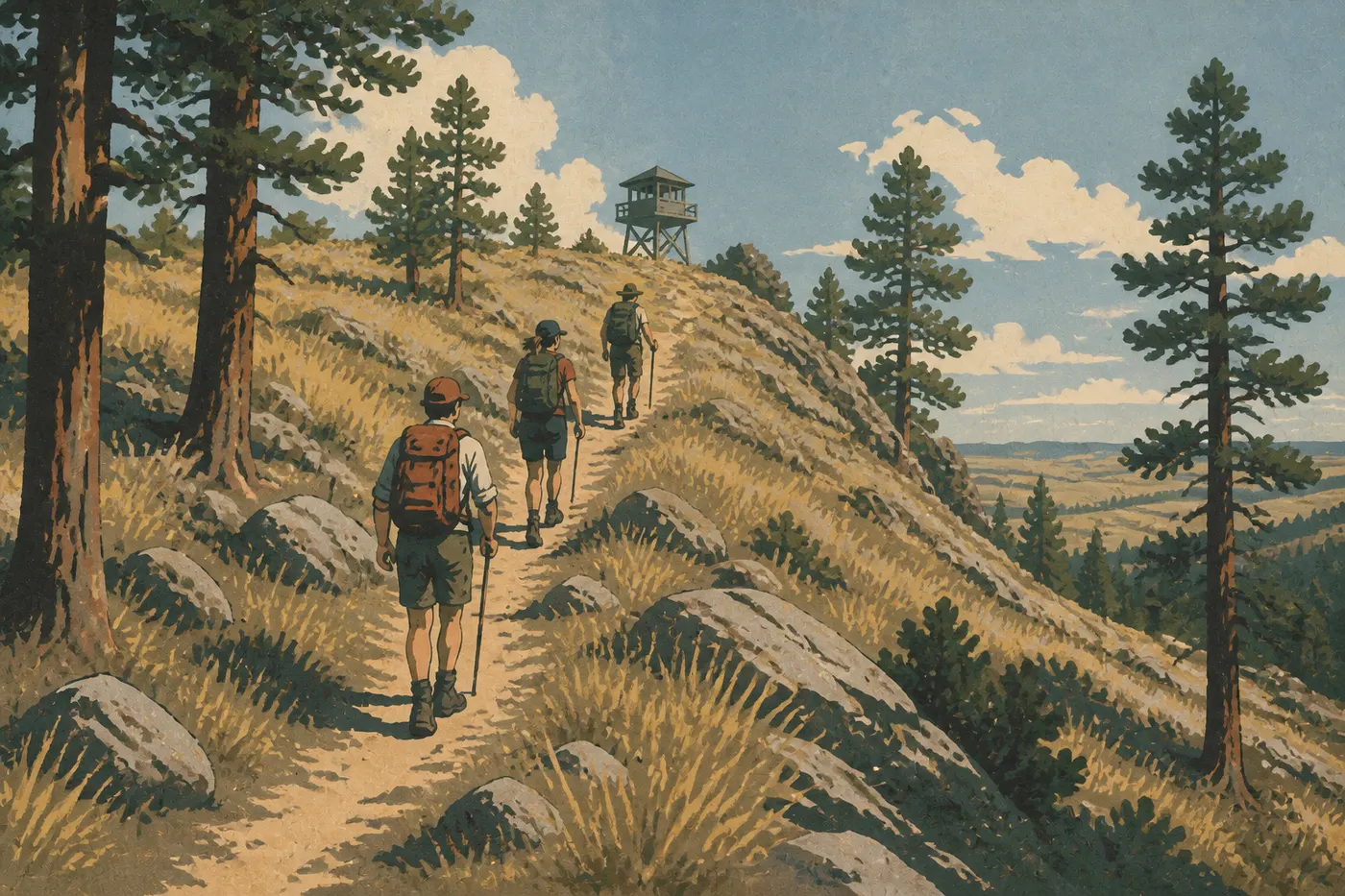 Illustration sérigraphiée : Randonneurs gravissant la boucle de Rankin Ridge Trail vers le point culminant et la tour de guet.