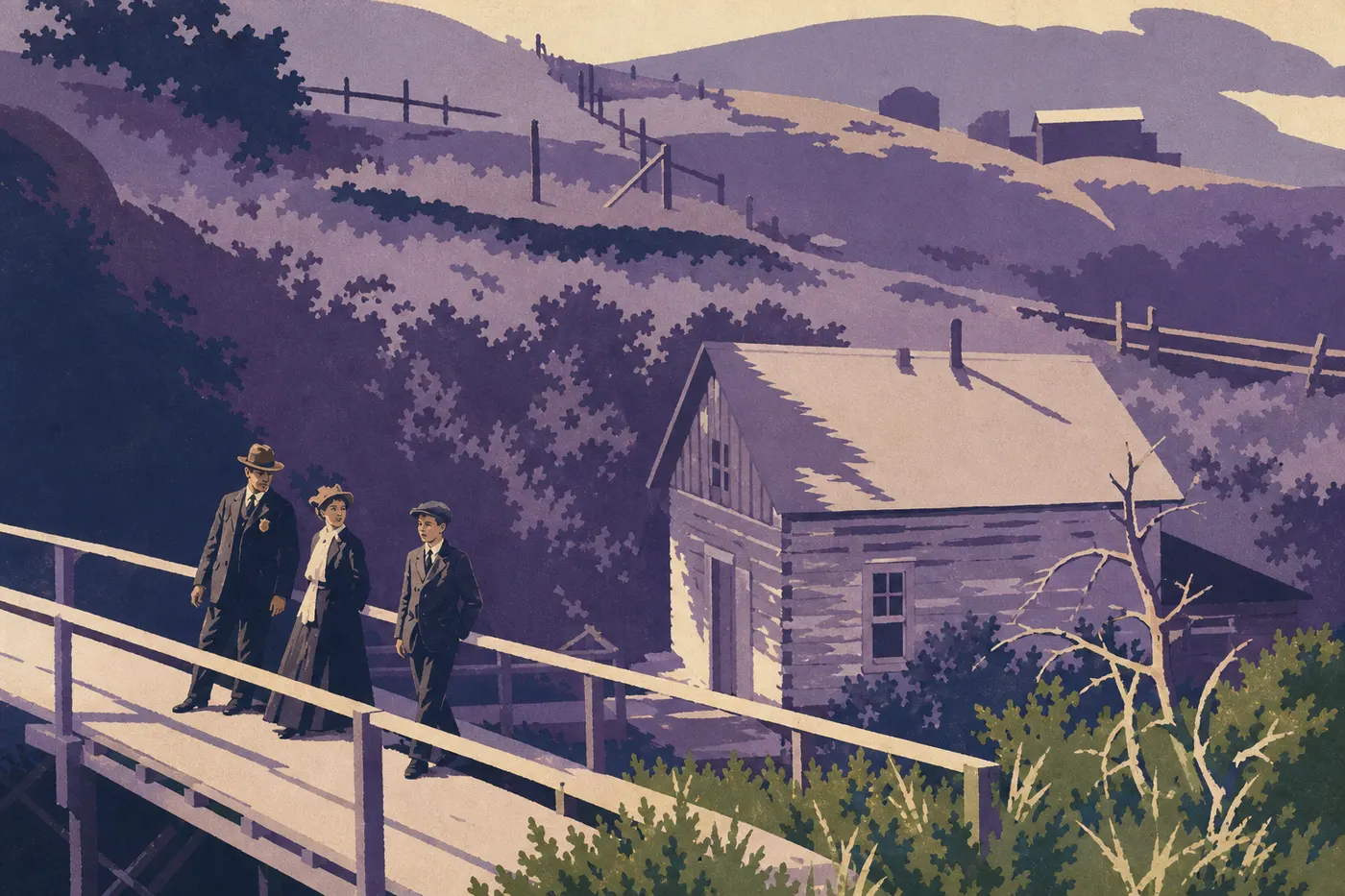 Illustration sérigraphiée : Famille accompagnant un ranger devant l’entrée naturelle de Wind Cave, au bord du chemin aménagé.