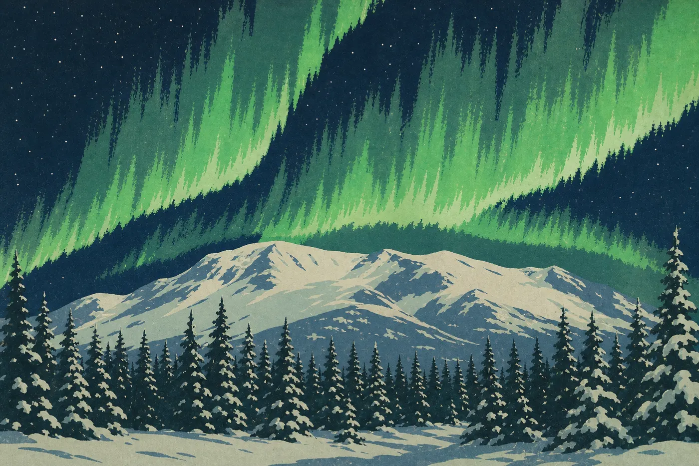 Illustration sérigraphiée : Une aurore boréale verte se déploie au-dessus du mont Wrangell et de la forêt enneigée.