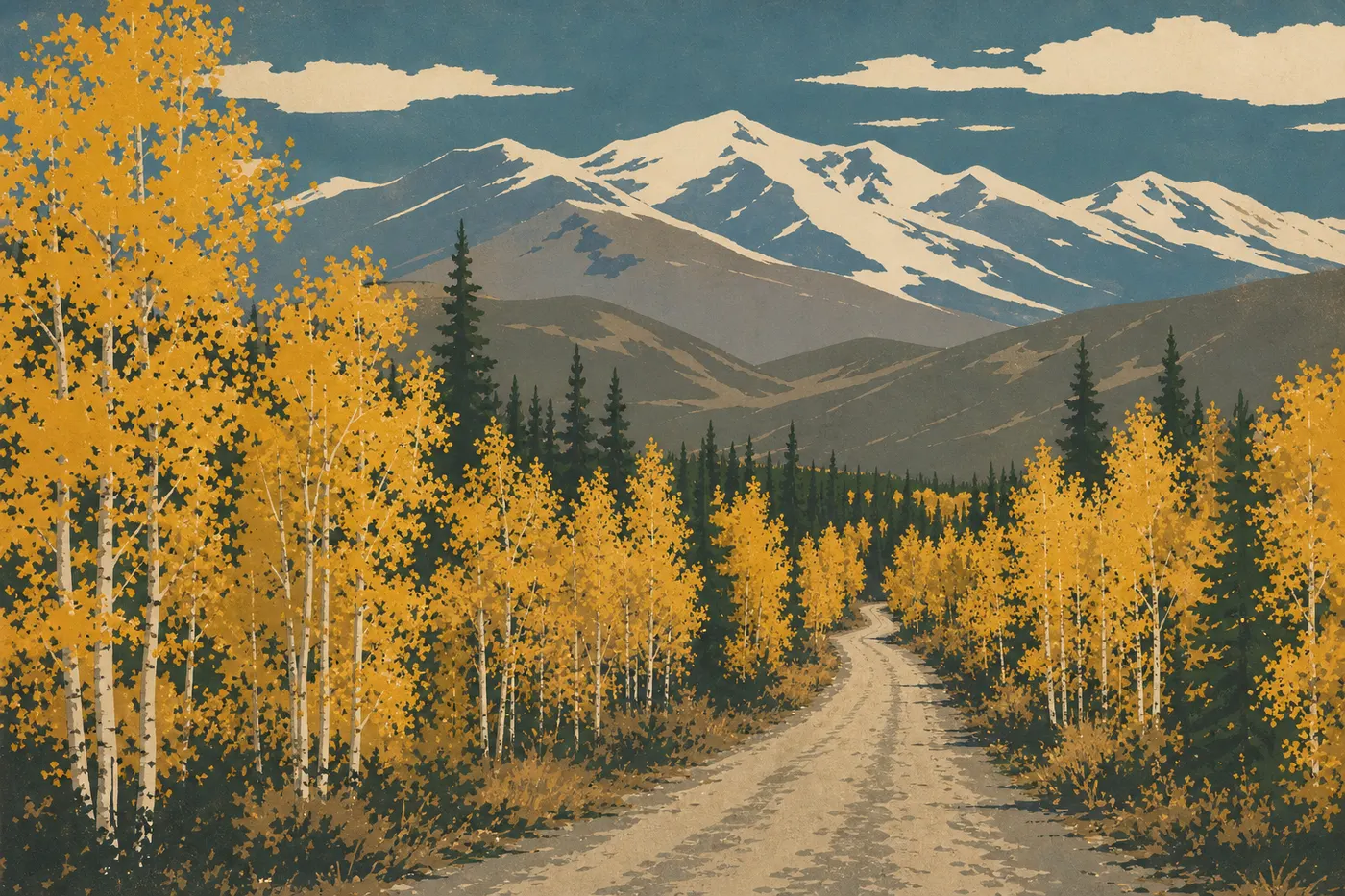 Illustration sérigraphiée : Les trembles dorés bordent la Nabesna Road sous les premiers sommets enneigés des montagnes Wrangell.