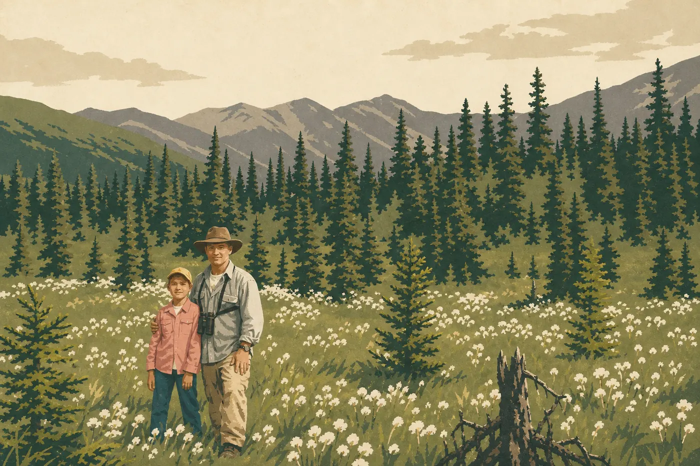 Illustration sérigraphiée : Une famille parcourt le Boreal Forest Trail aménagé près du centre d'accueil de Copper Center.