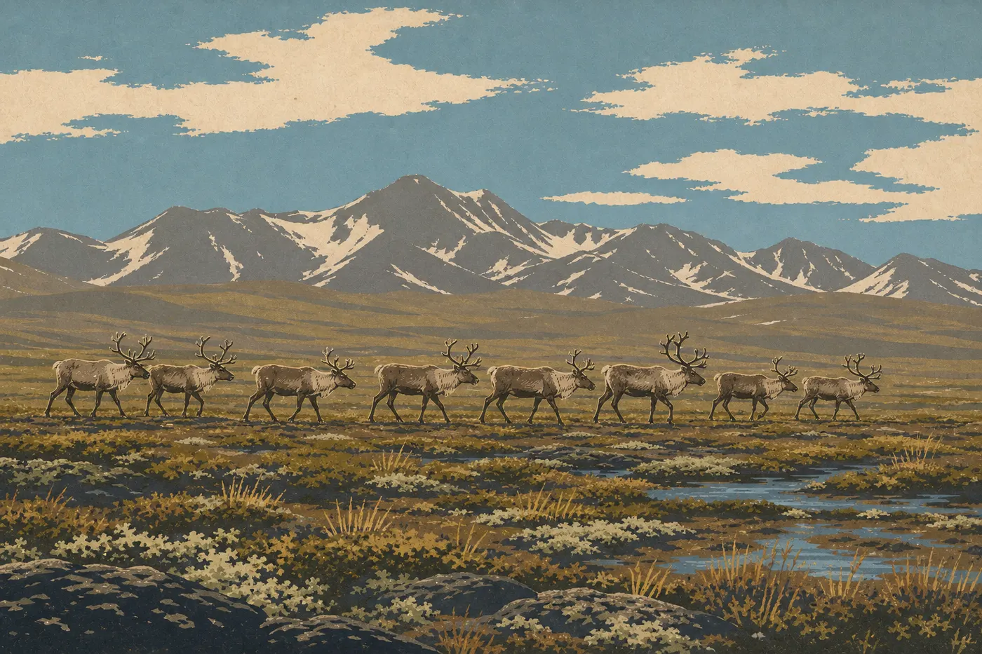 Illustration sérigraphiée : Un groupe de caribous traverse une étendue de toundra ouverte au nord de la rivière Chitina.