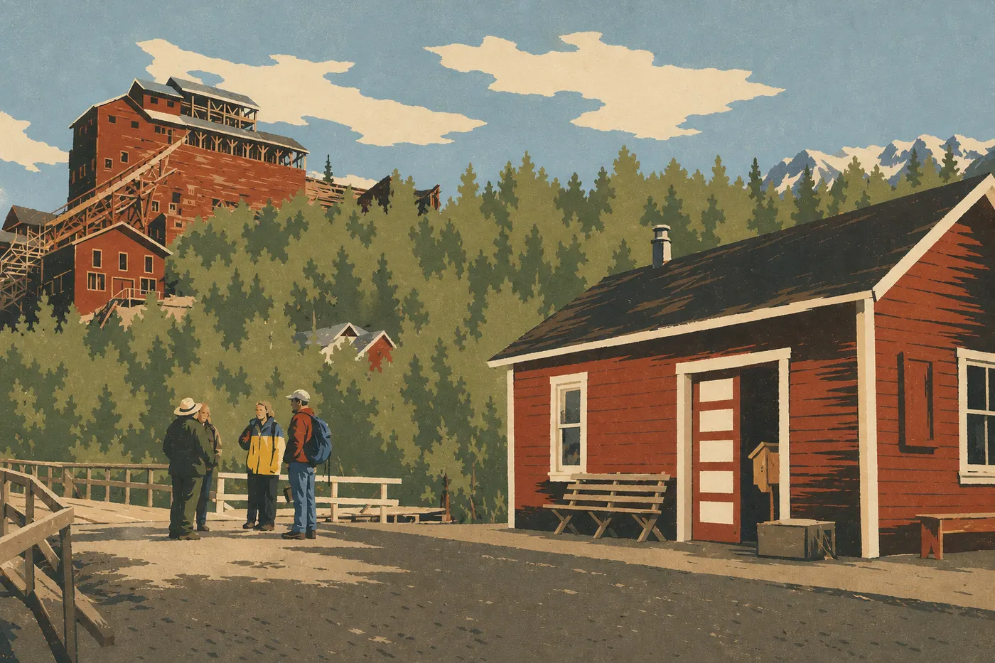 Illustration sérigraphiée : Le centre d'accueil de Copper Center encadré de forêt boréale ouvre une perspective sur les montagnes Wrangell.