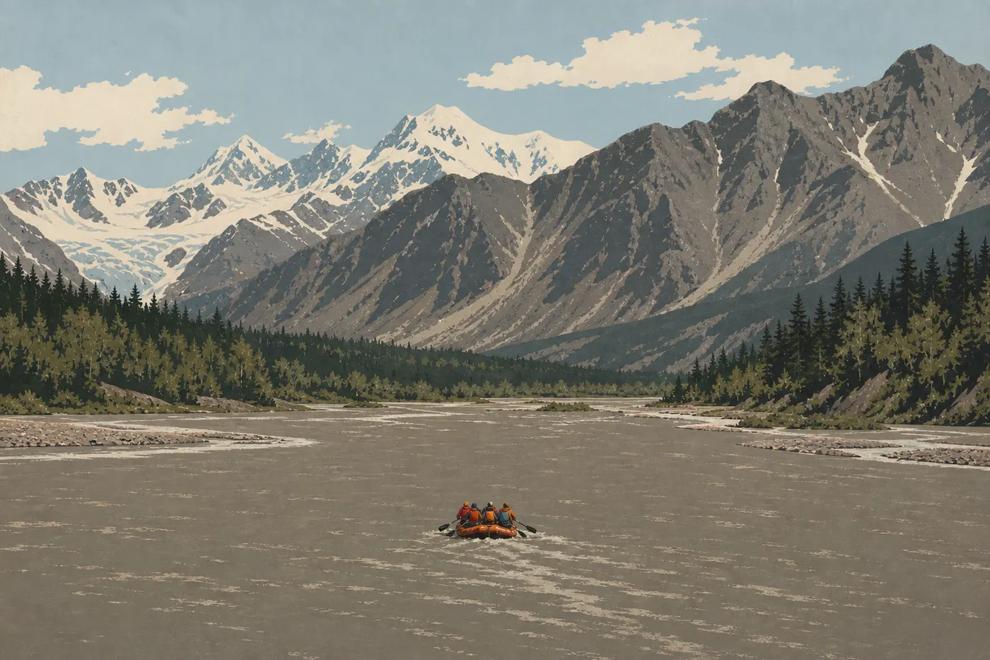 Illustration sérigraphiée : Un raft descend le large Copper River sous les falaises et les sommets glaciaires du parc.
