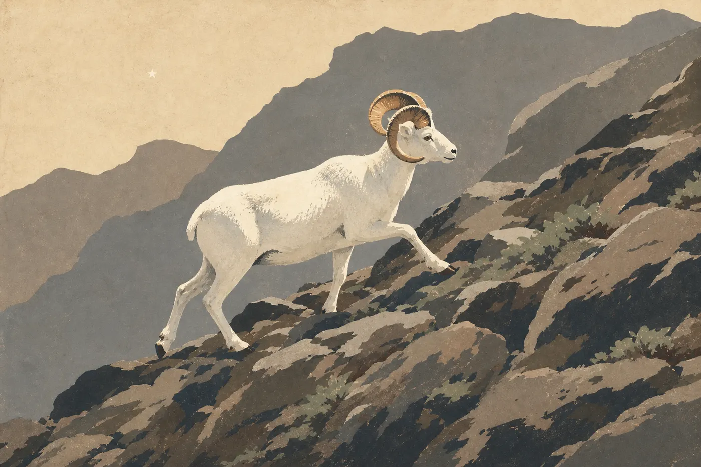 Illustration sérigraphiée : Un mouflon de Dall blanc se tient sur les rochers escarpés de McCall Ridge.