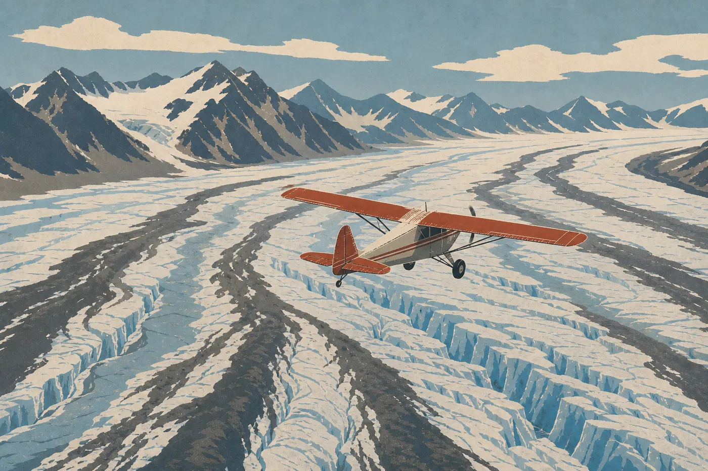 Illustration sérigraphiée : Un petit avion survole les crevasses du glacier Nabesna avec les sommets Wrangell à l'horizon.