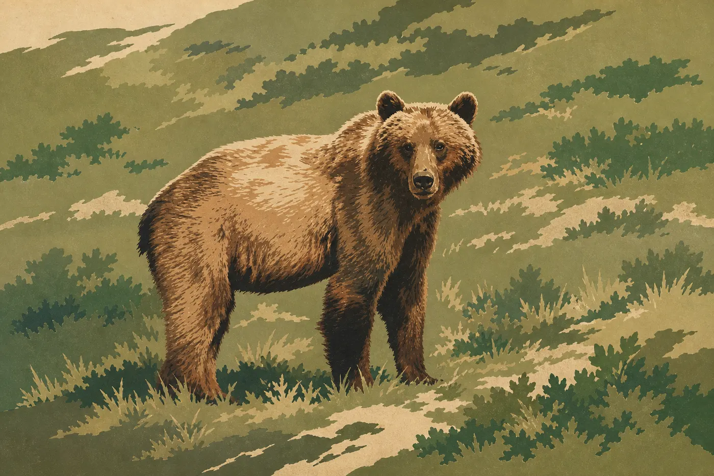Illustration sérigraphiée : Un grizzli au puissant renflement d'épaule avance dans les arbustes bas de la toundra alpine.