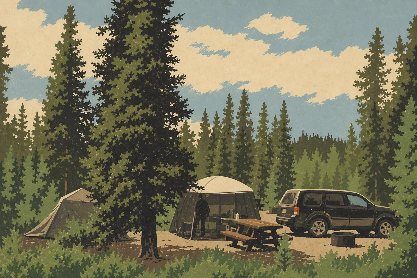 Illustration sérigraphiée : Tentes et petit camping-car occupent les emplacements boisés de Kendesnii Campground près de ses lacs.