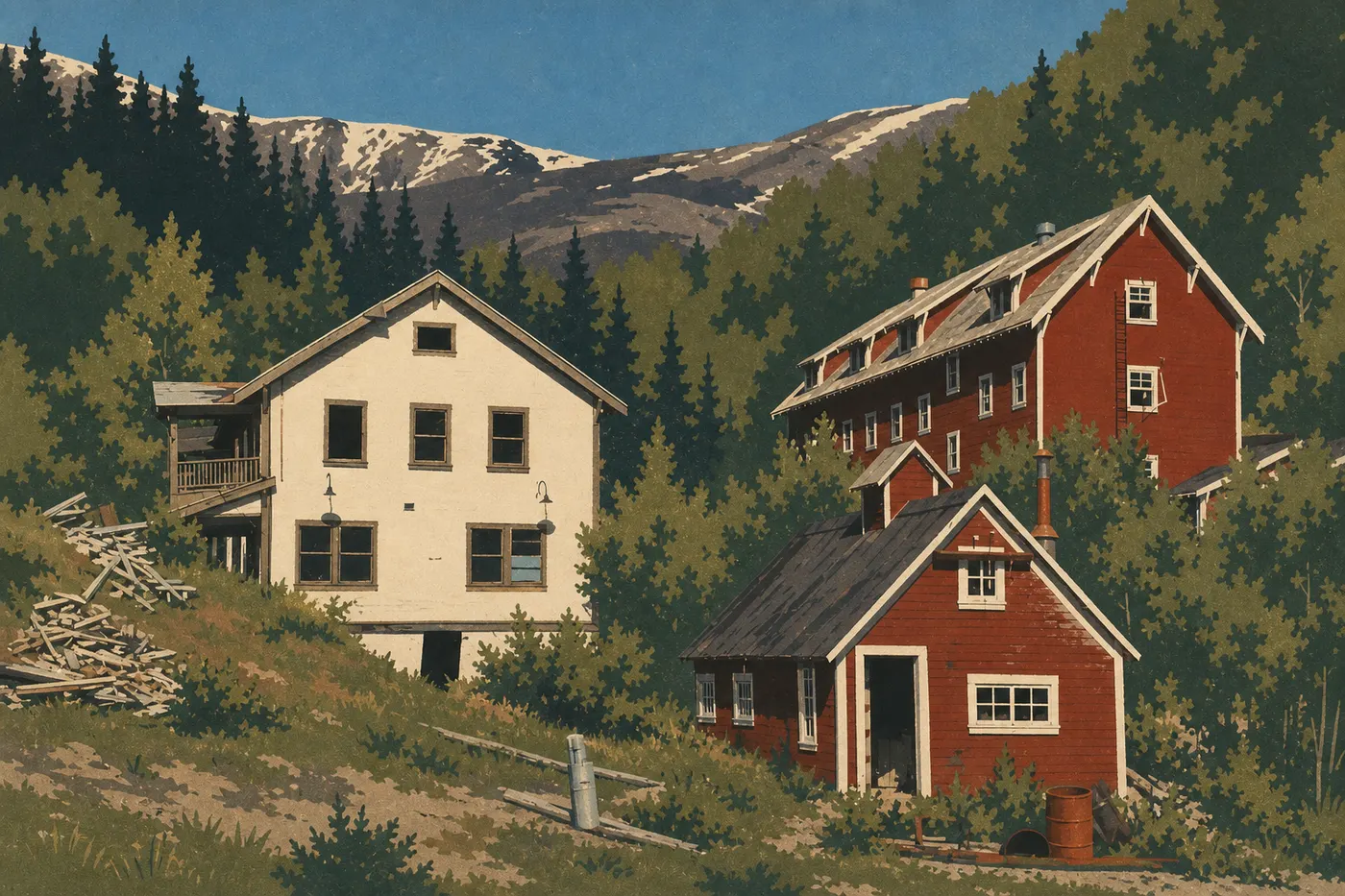 Illustration sérigraphiée : Les bâtiments rouges du concentrateur de Kennecott dominent la vallée glaciaire et les sommets enneigés.