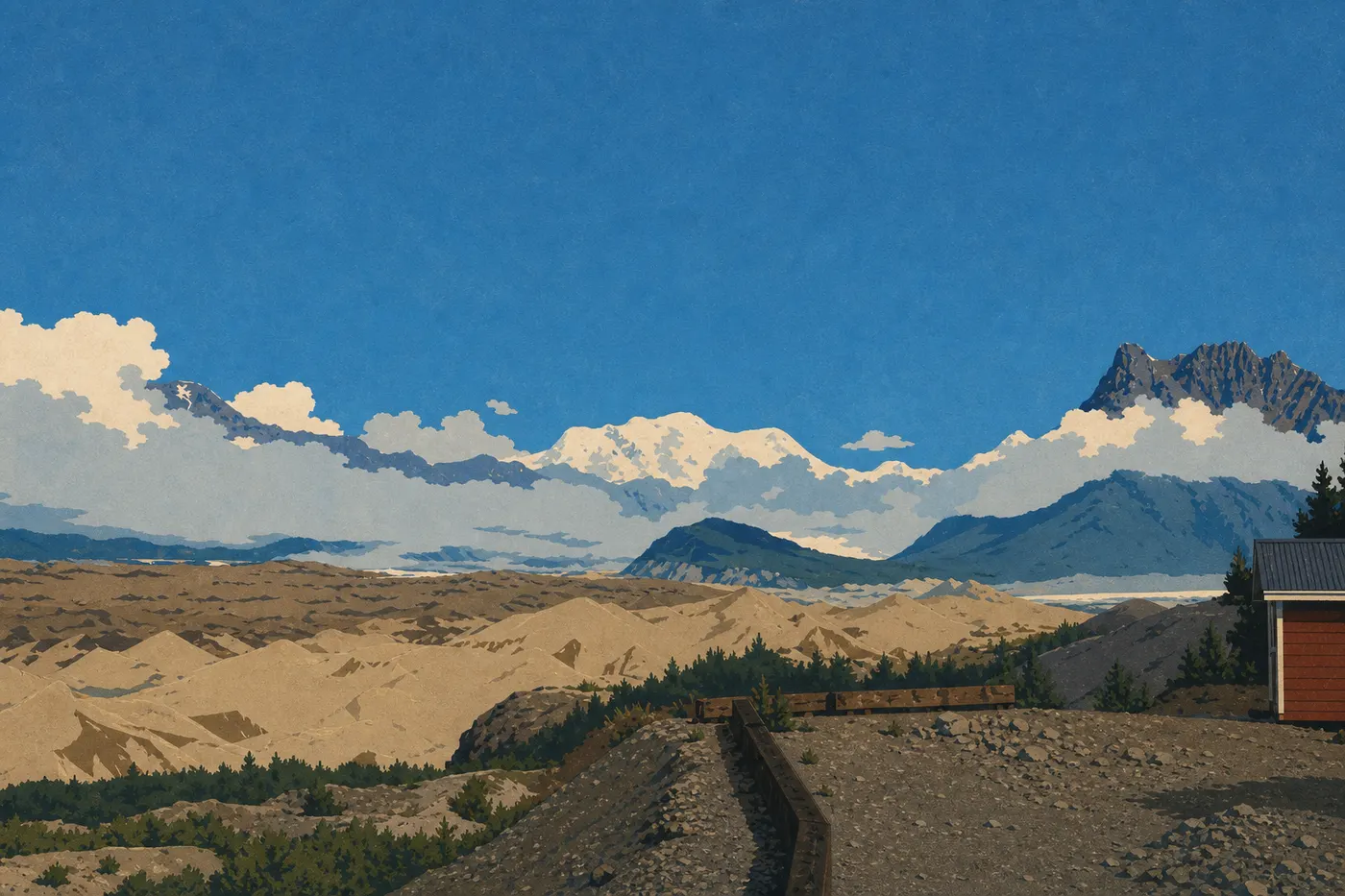 Illustration sérigraphiée : Le Kennicott Glacier Lodge fait face au glacier et aux montagnes depuis le village historique de Kennecott.