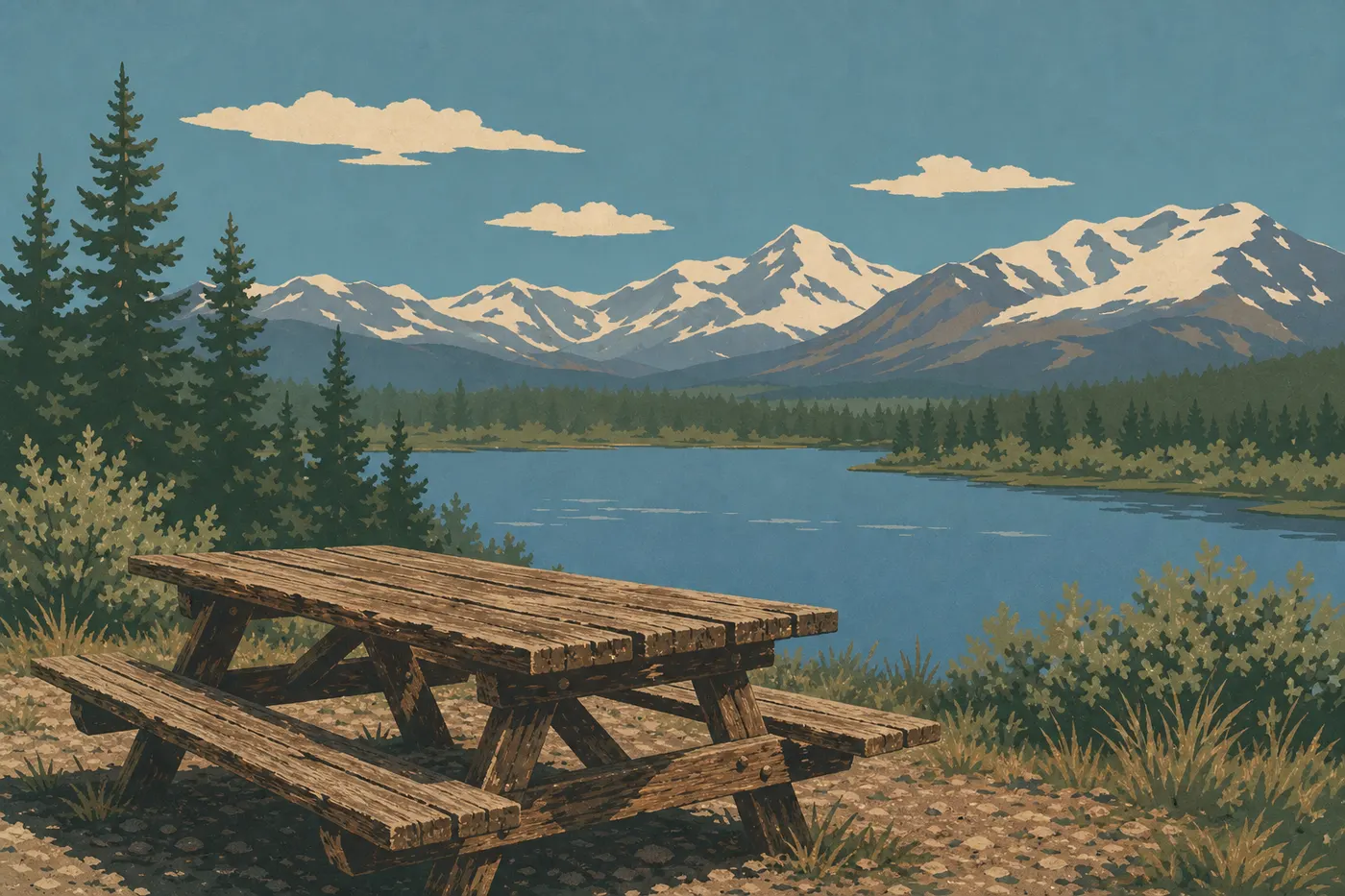Illustration sérigraphiée : Une table de pique-nique surplombe Kettle Lake avec les montagnes Wrangell fermant l'horizon.