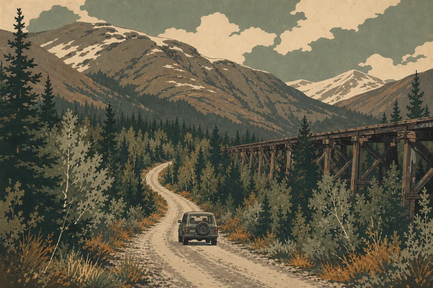 Illustration sérigraphiée : Un véhicule progresse sur la McCarthy Road gravillonnée entre forêt boréale, montagnes et anciens ouvrages ferroviaires.
