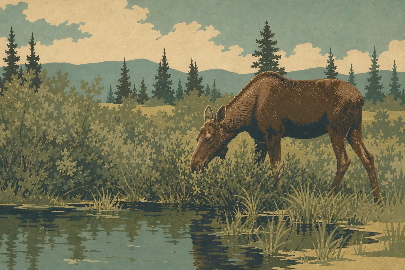 Illustration sérigraphiée : Un orignal se nourrit parmi les saules au bord d'un étang des basses terres du parc.