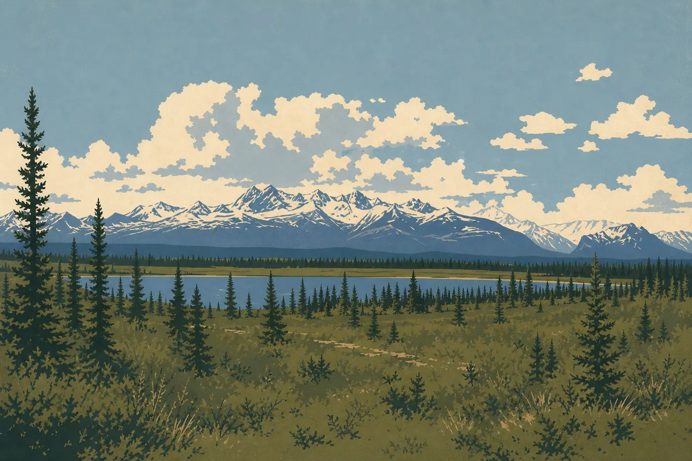 Illustration sérigraphiée : La route de Nabesna traverse la toundra face aux vastes reliefs volcaniques des montagnes Wrangell.