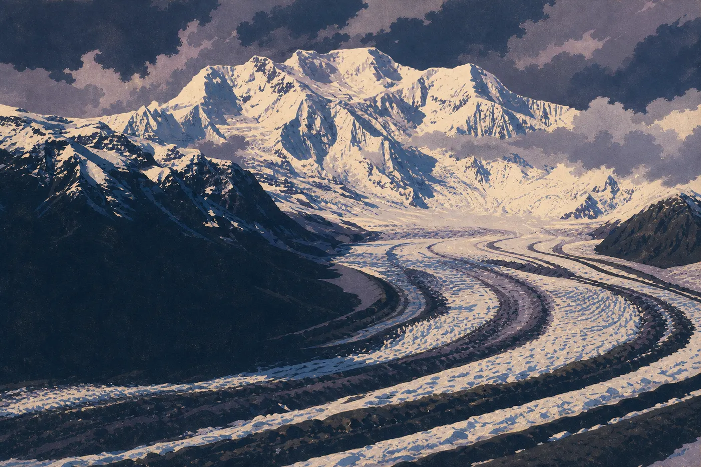 Illustration sérigraphiée : De lourds nuages d'orage enveloppent le mont Blackburn tandis qu'une lumière froide frappe les glaciers.