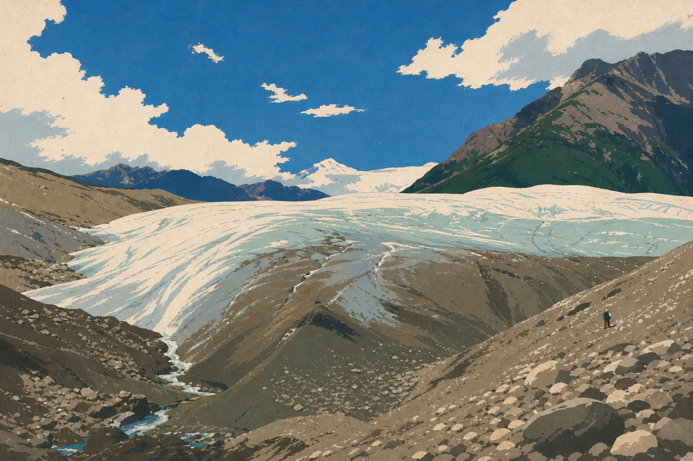 Illustration sérigraphiée : Sous le ciel clair de l'été, des visiteurs contemplent Root Glacier depuis le sentier de Kennecott.