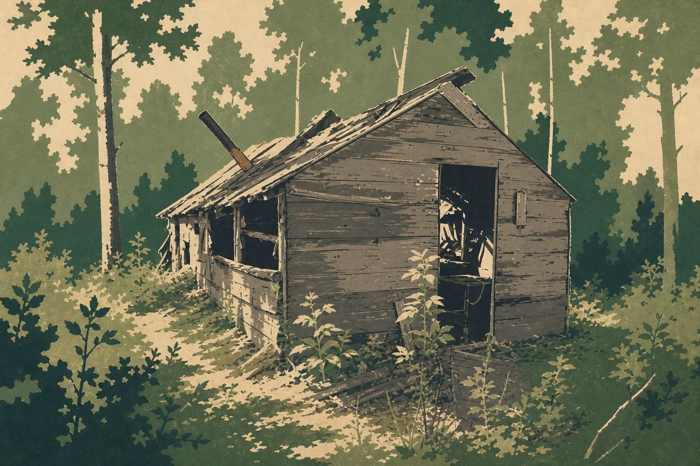 Illustration sérigraphiée : La cabane publique rustique Viking Lodge apparaît dans une clairière isolée de la forêt boréale.