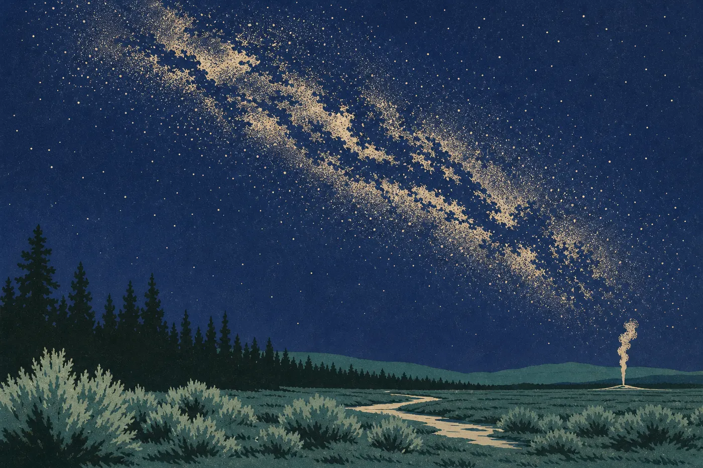 Illustration sérigraphiée : Ciel étoilé et Voie lactée au-dessus du parc national Yellowstone, nuit claire