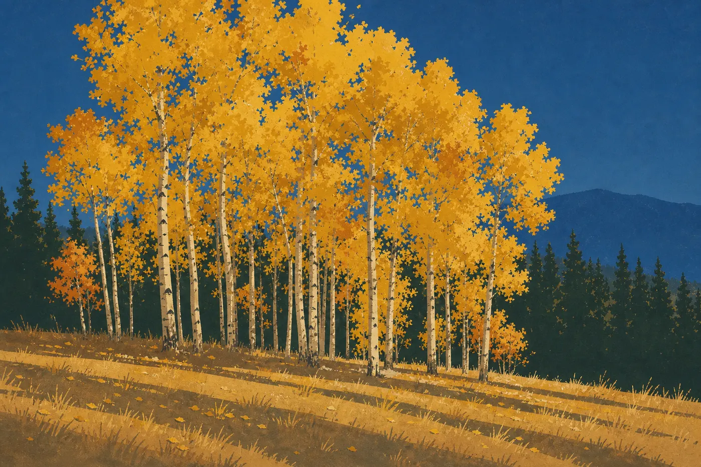 Illustration sérigraphiée : Automne à Yellowstone : couleurs dorées des trembles et lumière rasante