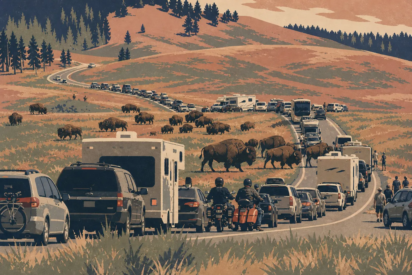 Illustration sérigraphiée : Troupeau de bisons traversant la route devant des voitures arrêtées