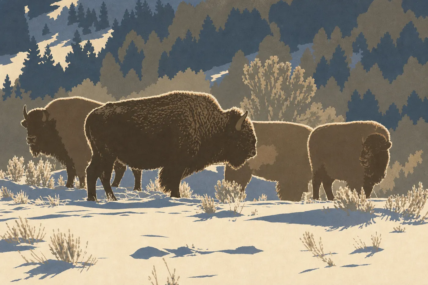Illustration sérigraphiée : Bison des plaines de profil dans une prairie du parc national Yellowstone