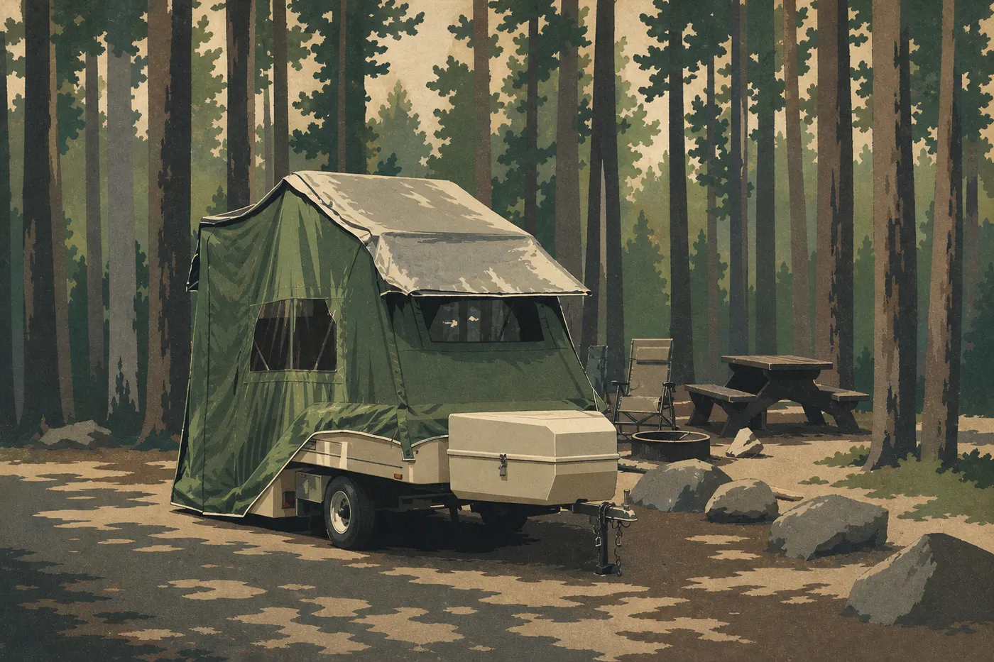 Illustration sérigraphiée : Camping-car sur une route du parc national Yellowstone