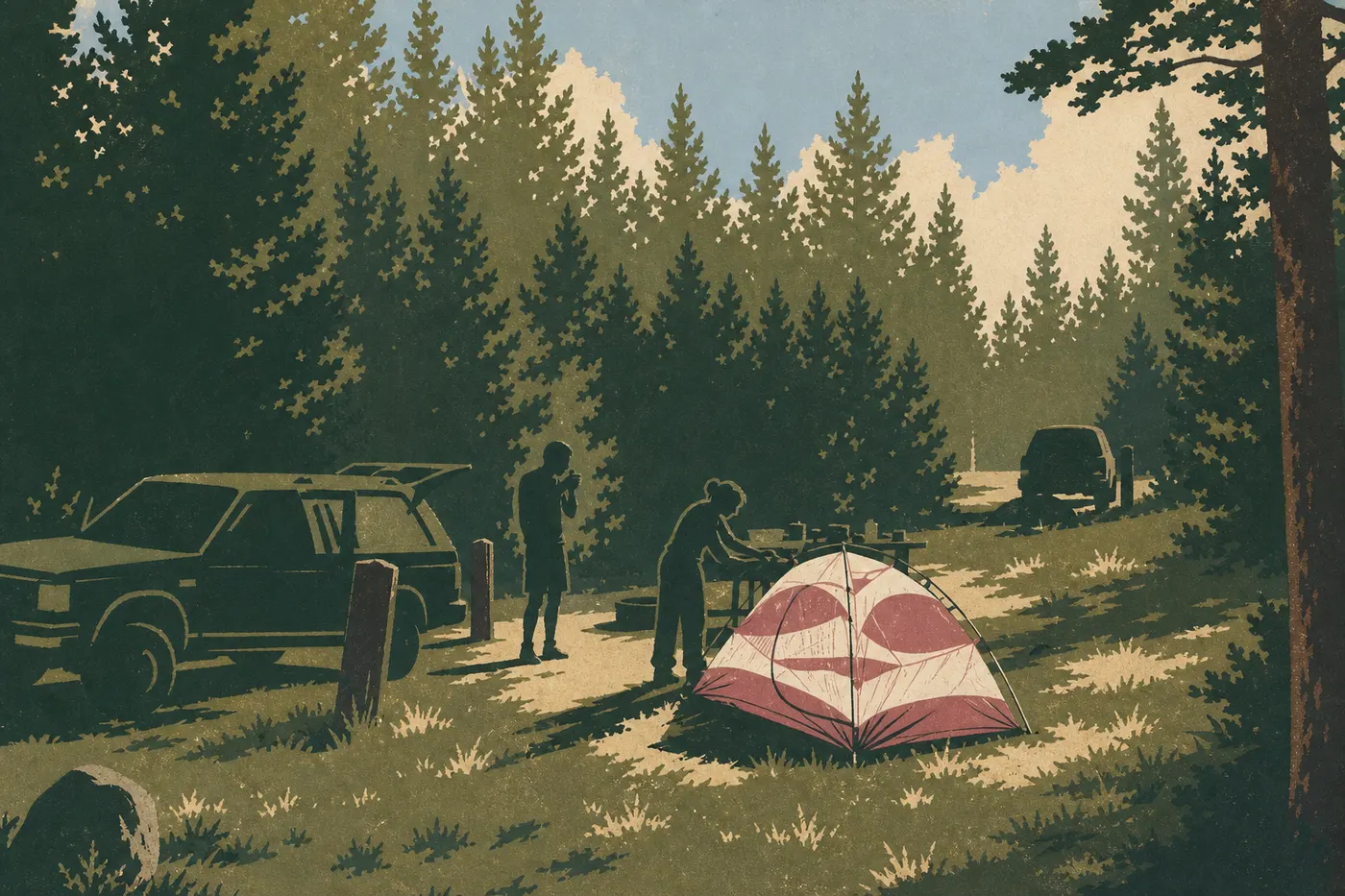 Illustration sérigraphiée : Tente de camping en forêt de pins, parc national Yellowstone