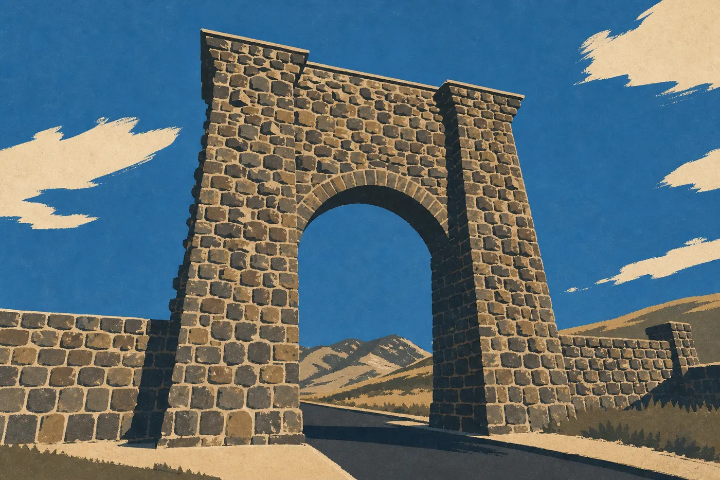 Illustration sérigraphiée : Roosevelt Arch, arche de pierre historique de l'entrée nord du parc à Gardiner