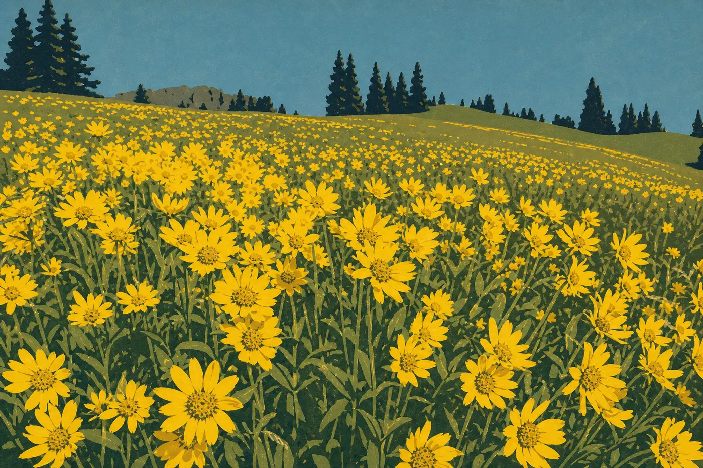 Illustration sérigraphiée : Été à Yellowstone : prairie fleurie sous un grand ciel bleu