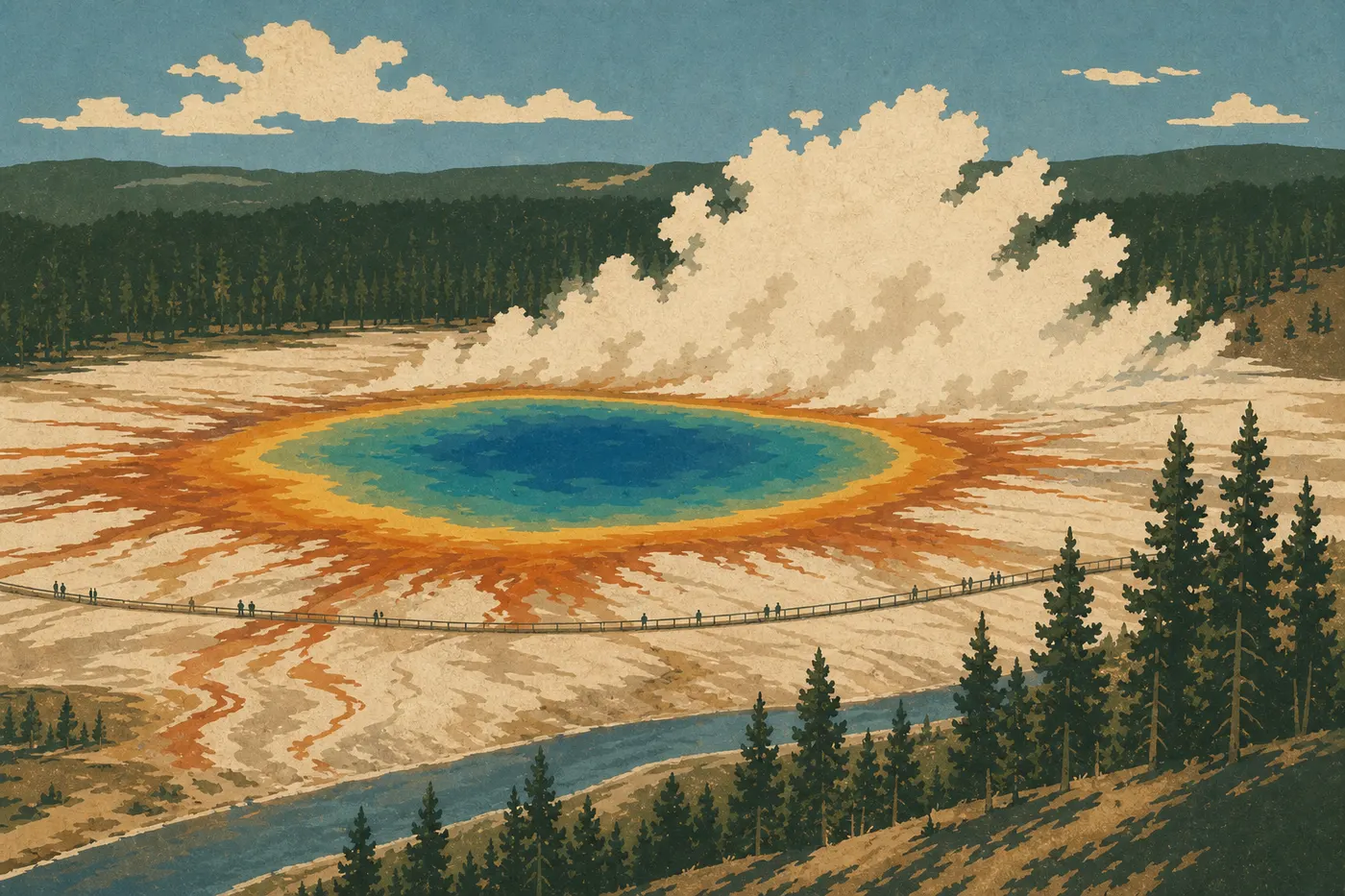 Illustration sérigraphiée : Grand Prismatic Spring vu du sentier en surplomb, sources chaudes aux anneaux colorés