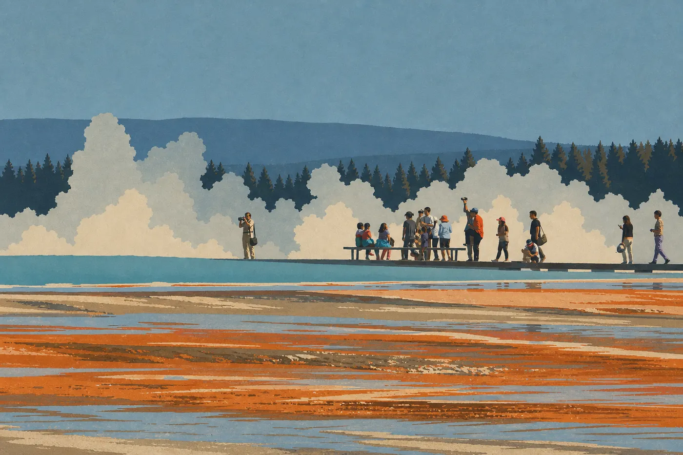Illustration sérigraphiée : Visiteurs marchant sur un boardwalk en bois au-dessus d'un bassin géothermique