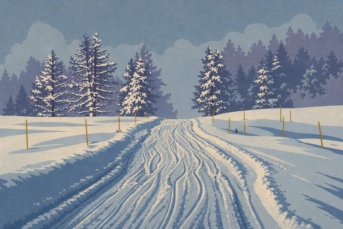 Illustration sérigraphiée : Route panoramique serpentant dans les paysages du parc national Yellowstone