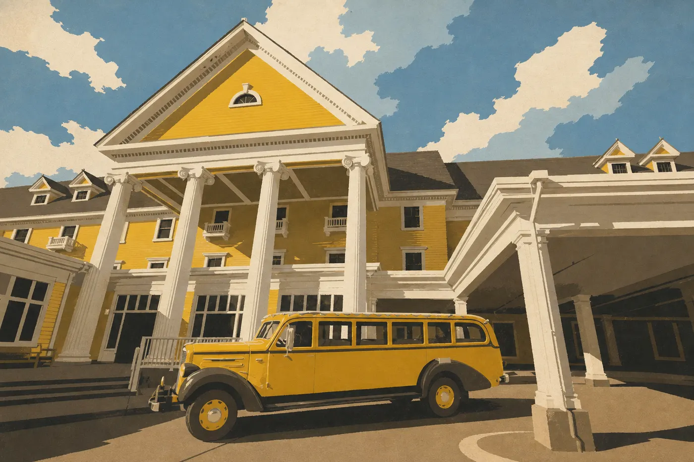 Illustration sérigraphiée : Lake Yellowstone Hotel, façade coloniale au bord du lac