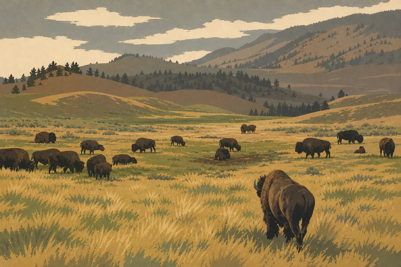 Illustration sérigraphiée : La Lamar Valley, vaste vallée sauvage aux herbes dorées, secteur nord-est de Yellowstone