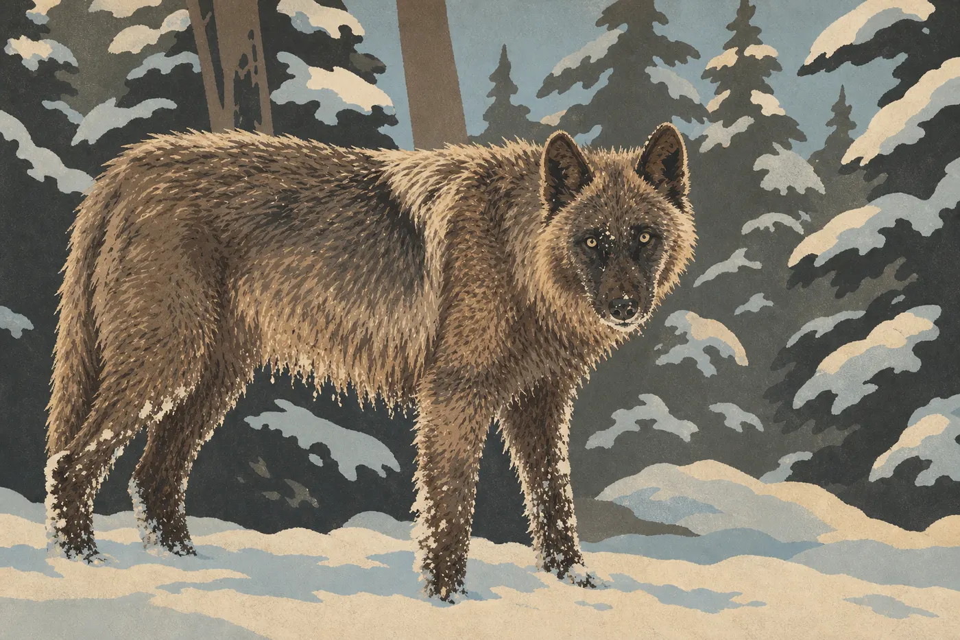 Illustration sérigraphiée : Loup gris dans la neige ou la prairie, parc national Yellowstone