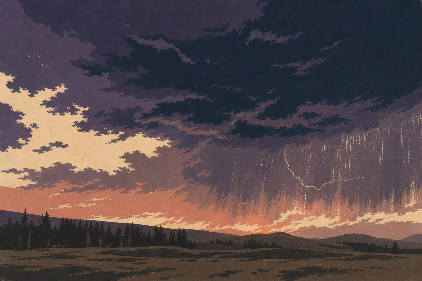 Illustration sérigraphiée : Orage et rideau de pluie sur le lac Yellowstone, lumière contrastée