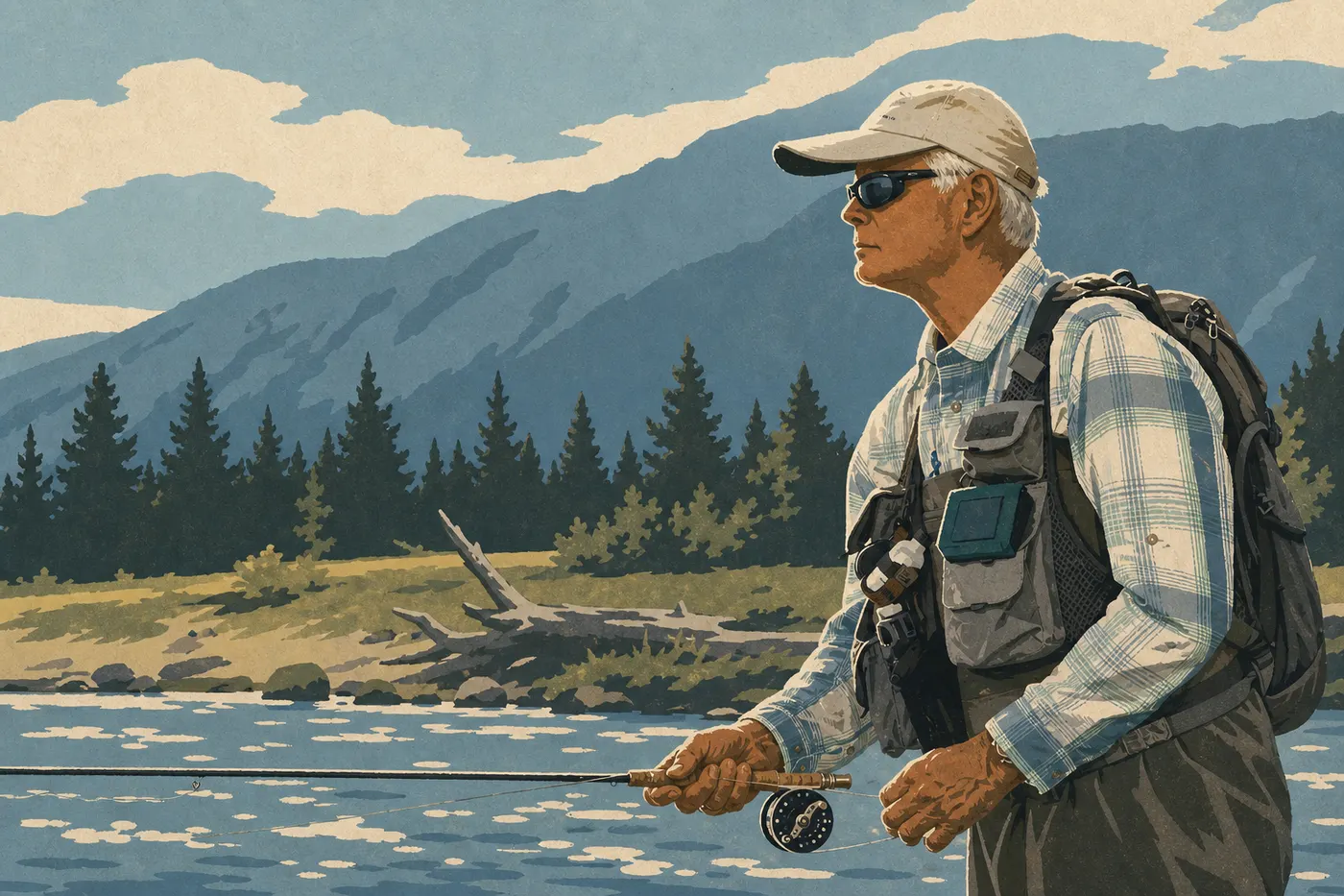 Illustration sérigraphiée : Pêche à la mouche dans une rivière du parc national Yellowstone au petit matin