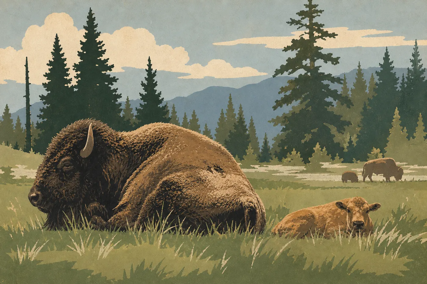Illustration sérigraphiée : Printemps à Yellowstone : jeunes bisons et prairie verdoyante