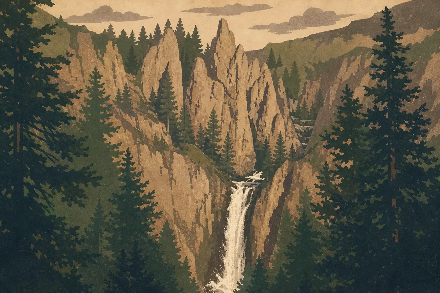 Illustration sérigraphiée : Tower Fall, chute d'eau encaissée entre des orgues rocheuses, secteur nord-est de Yellowstone