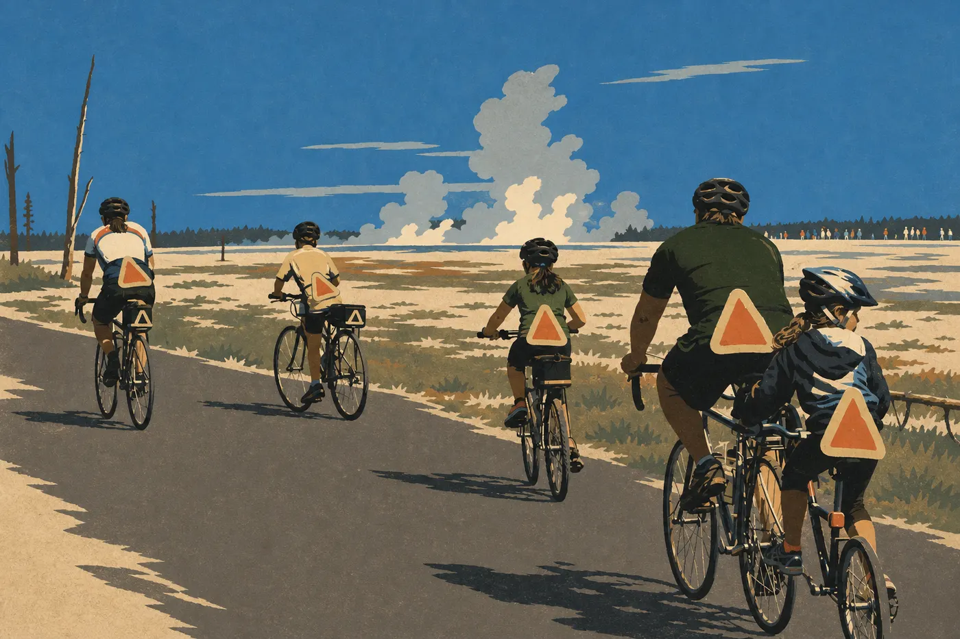 Illustration sérigraphiée : Cycliste sur une route du parc national Yellowstone, paysage ouvert