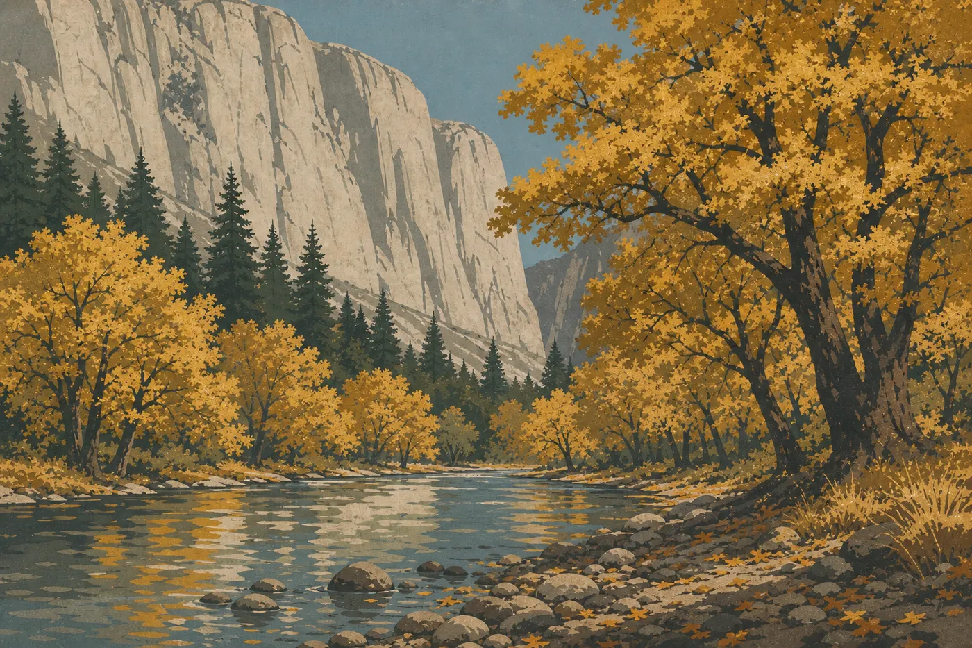 Illustration sérigraphiée : Les chênes dorés de Yosemite Valley bordent la Merced River sous les grandes falaises granitiques