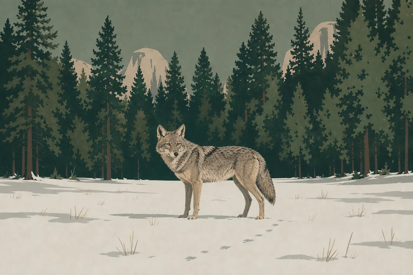 Illustration sérigraphiée : Un coyote se tient dans une prairie enneigée de Yosemite Valley devant une lisière de pins