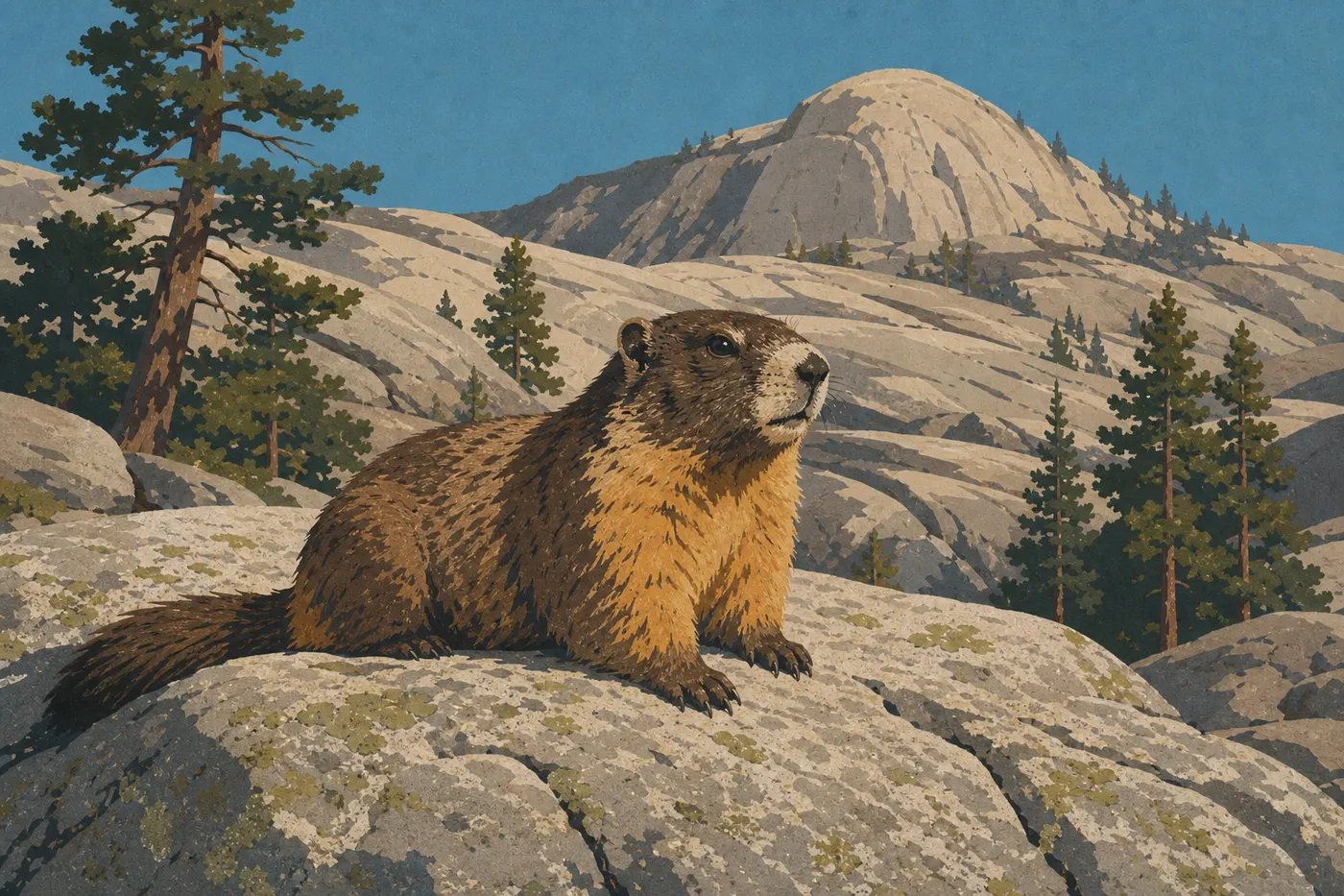 Illustration sérigraphiée : Une marmotte à ventre jaune se chauffe sur un rocher granitique près d'Olmsted Point