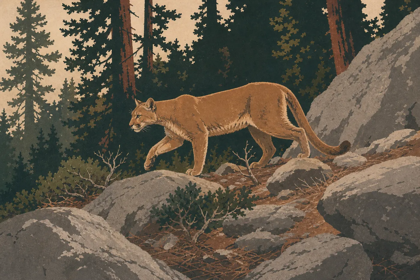 Illustration sérigraphiée : Un puma avance discrètement entre les rochers et conifères des montagnes sauvages de Yosemite