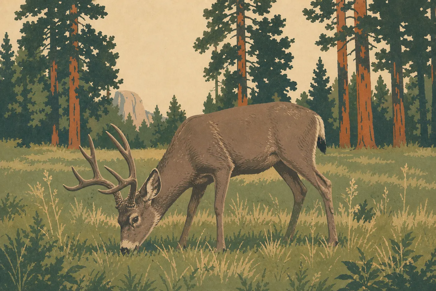 Illustration sérigraphiée : Un cerf hémione mâle broute dans une prairie de Yosemite Valley sous les pins