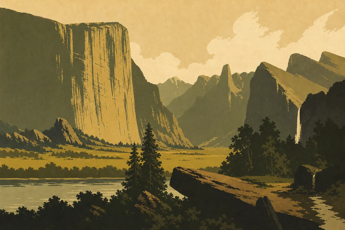 Illustration sérigraphiée : Valley View réunit la Merced River, El Capitan et Bridalveil Fall dans une perspective emblématique