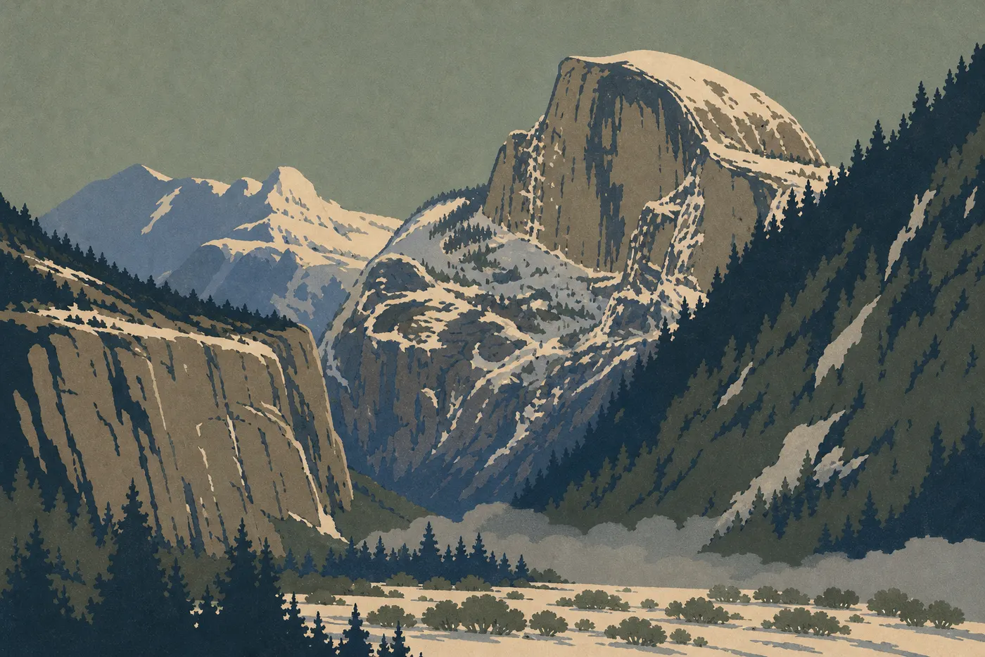 Illustration sérigraphiée : Yosemite Valley enneigée révèle El Capitan entre les conifères blancs et les brumes hivernales