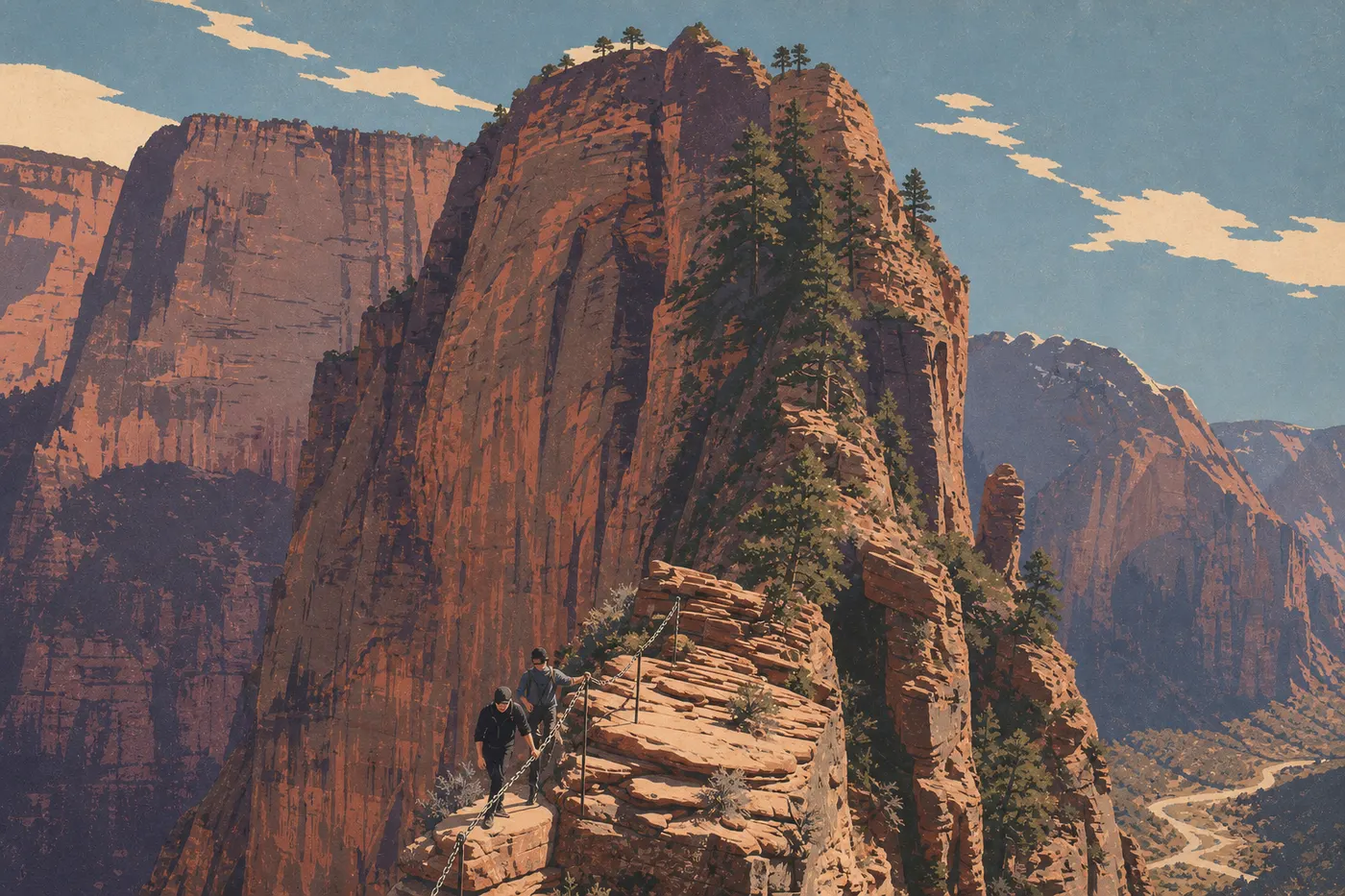 Illustration sérigraphiée : Des randonneurs progressent le long des chaînes d’Angels Landing au-dessus du profond Zion Canyon.