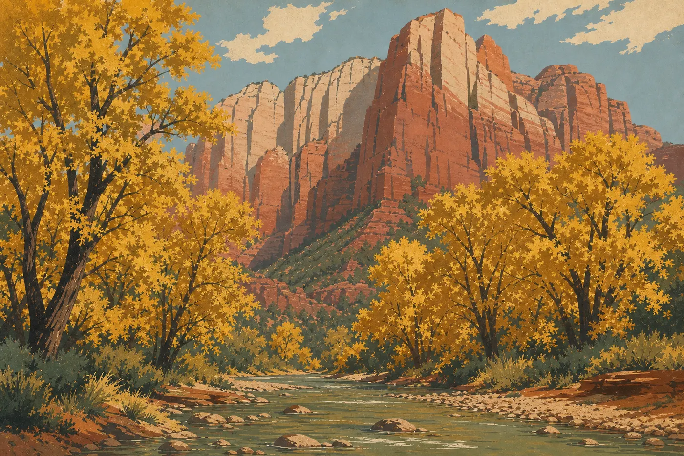 Illustration sérigraphiée : Les peupliers dorés encadrent la Virgin River sous les falaises rouges de Zion Canyon en automne.